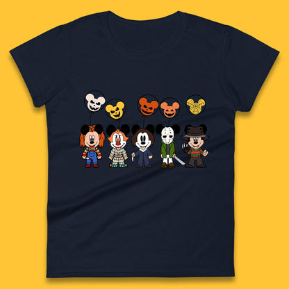 Disney Halloween Friends Horror Movie Characters Mickey Mouse Balloons Womens Tee Top