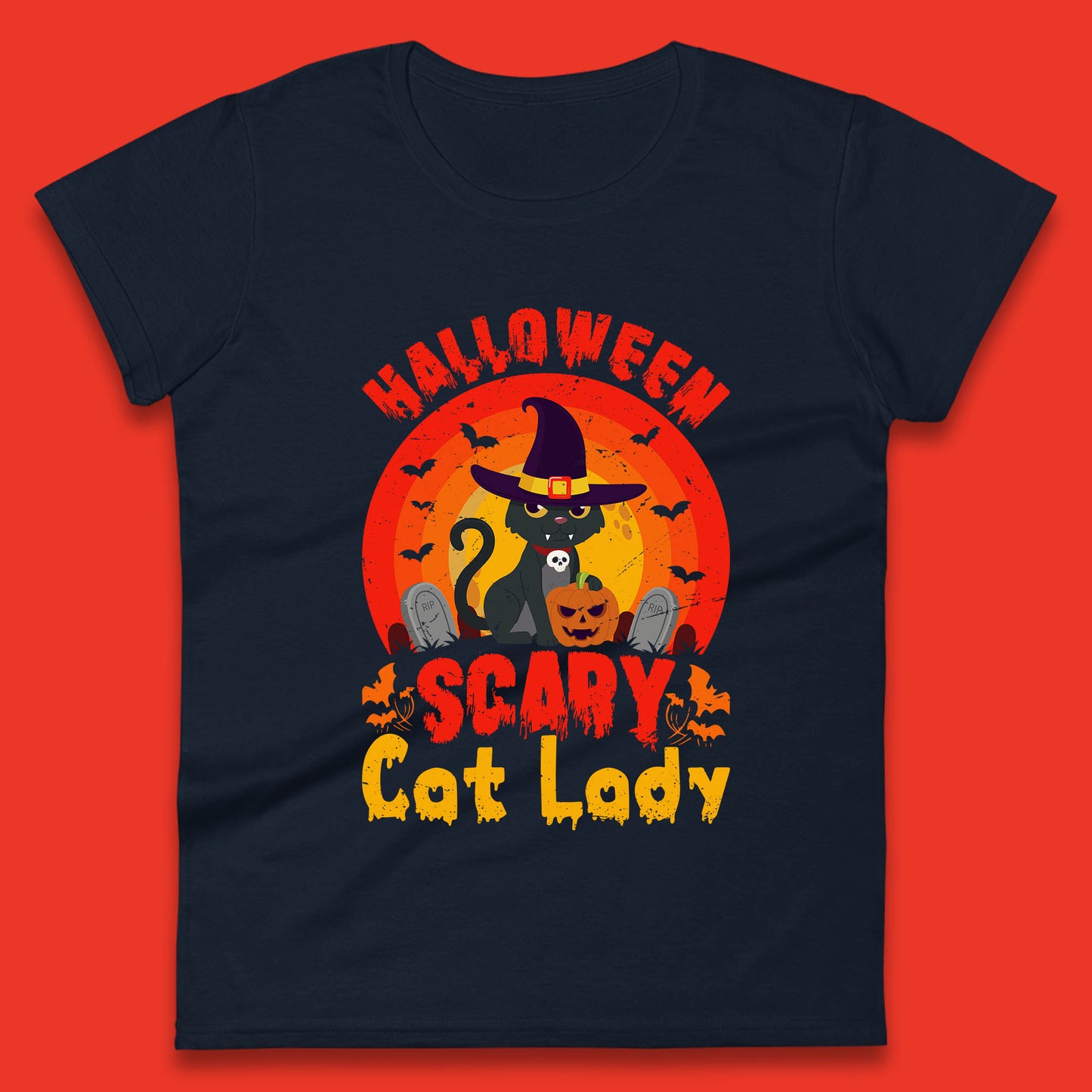 Halloween Scary Cat Lady Horror Spooky Witch Black Cat Lover Womens Tee Top