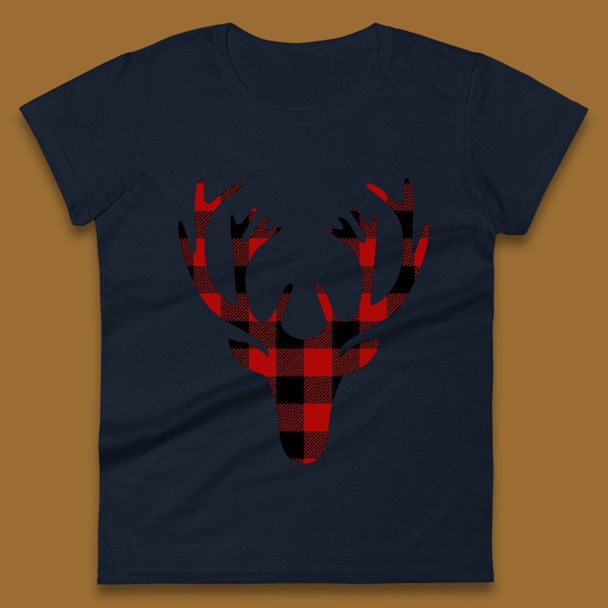 merry christmas buffalo plaid deer head womens top