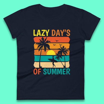 Lazy Days Of Summer Vintage Retro Sunset Surfer Beach Palm Trees Womens Tee Top