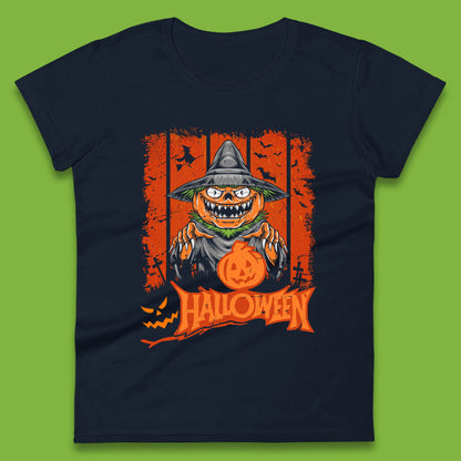 Halloween Pumpkin Head Scarecrow Jack O Lantern Pumpkin Head Horror Scary Vintage Retro Womens Tee Top