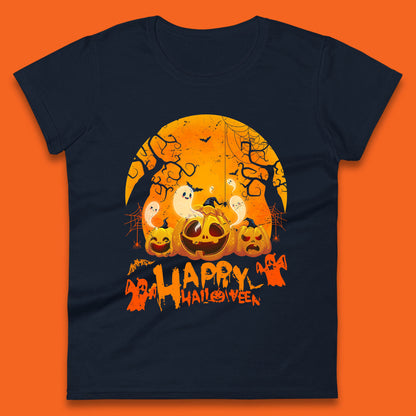 Happy Halloween Jack O Lantern Pumpkins Scary Boo Ghost Haunted Trees Womens Tee Top