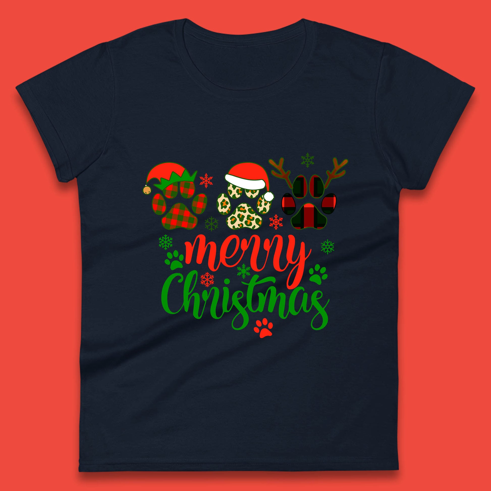 dog & cat paws christmas womens t shirt