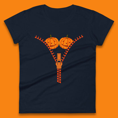 Pumpkin Boobies Zipper Happy Halloween Breast Costume Funny Zip Pumpkin Boobs Womens Tee Top