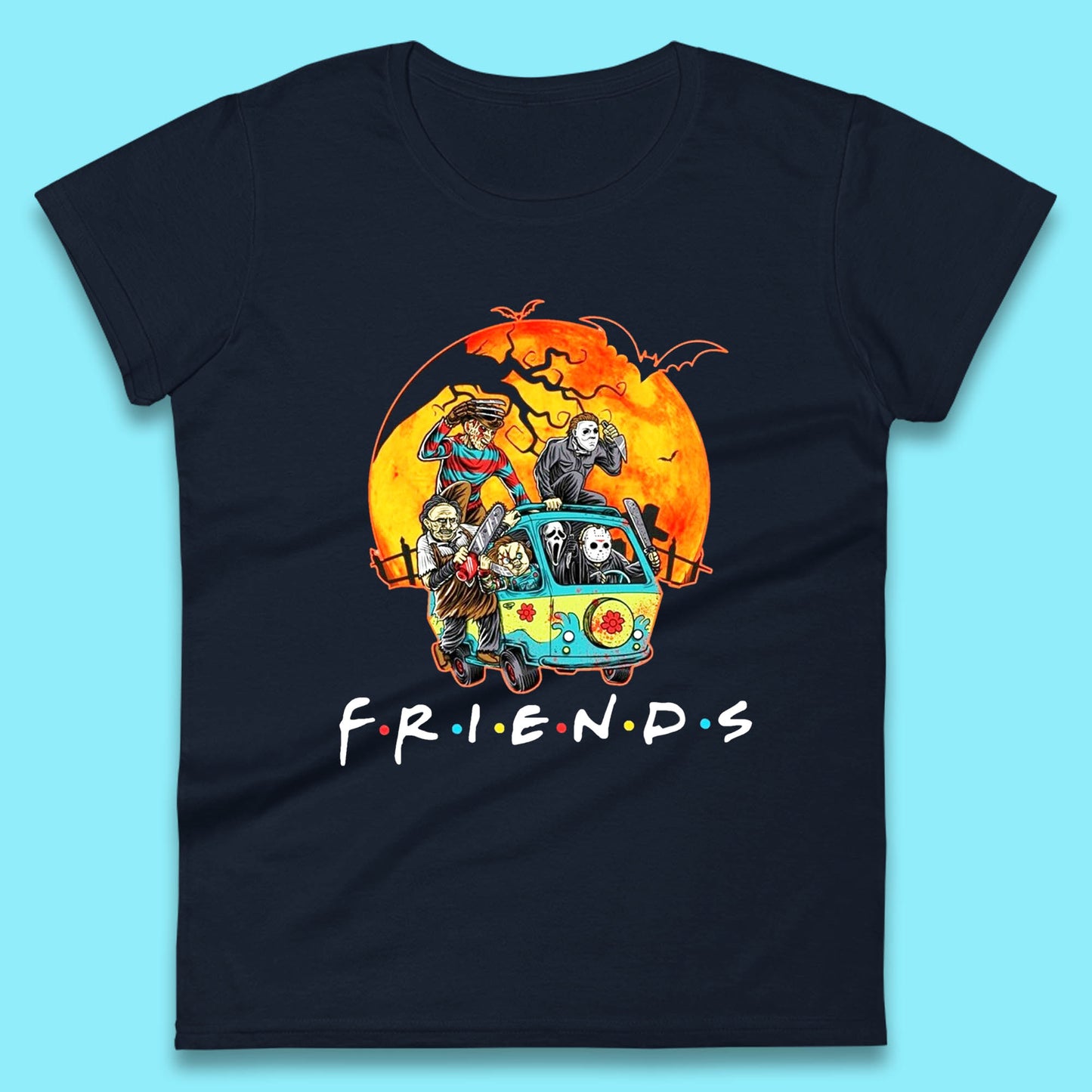 Friends Van Halloween Scooby Doo Mystery Machine Horror Movie Villians Characters Womens Tee Top
