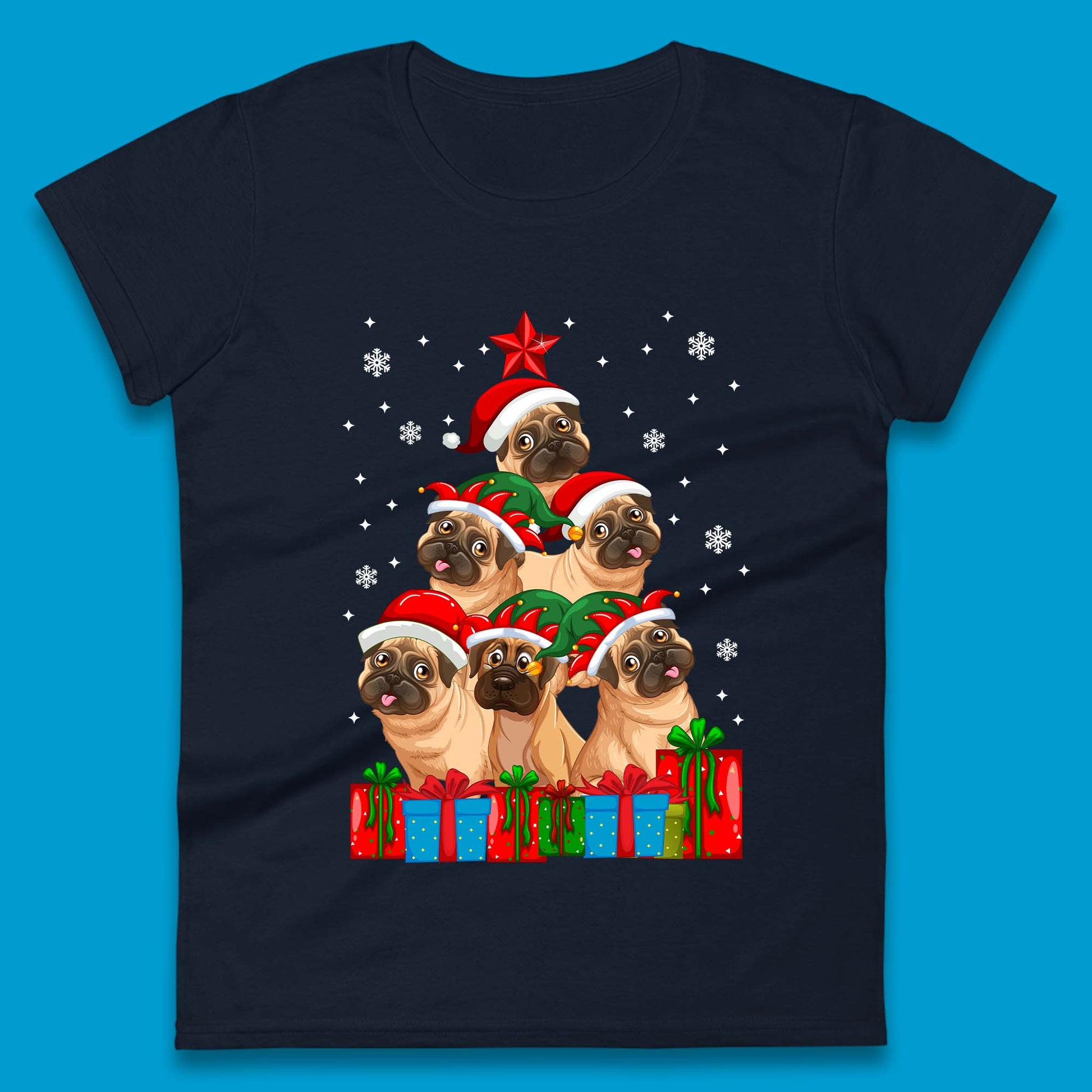 pug dog christmas womens t shirt