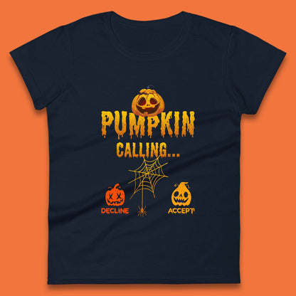 Halloween Pumpkin Calling Accept Decline Funny Jack O Lantern Horror Scary Phone Call Womens Tee Top