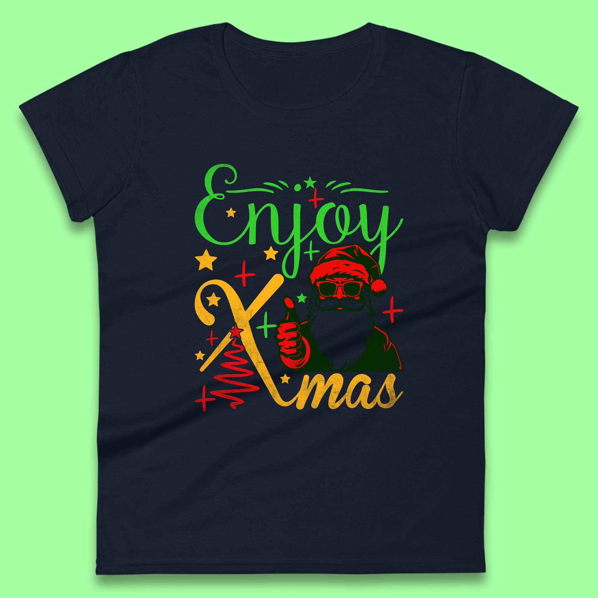 Enjoy Xmas Santa Claus Thumbs Up Merry Christmas Holiday Season Womens Tee Top