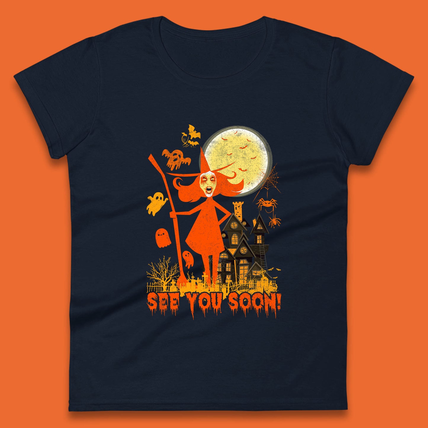 See You Soon Halloween Witch With Broom Horror Scary Haunted House Womens Tee Top