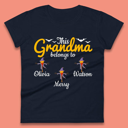 Personalised This Grandma Belongs To Your Name Halloween Grandma Scarecrow With Grandkid Names Gift Womens Tee Top