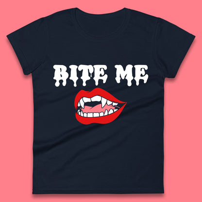 Bite Me Vampire Fangs Halloween Lips Horror Halloween Party Costume Womens Tee Top