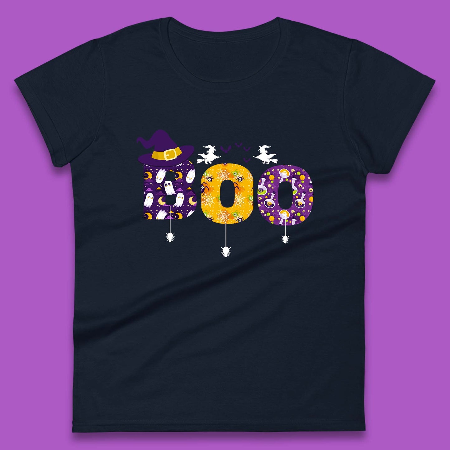 Boo With Spiders And Witch Hat Halloween Boo Ghosts Costume Womens Tee Top