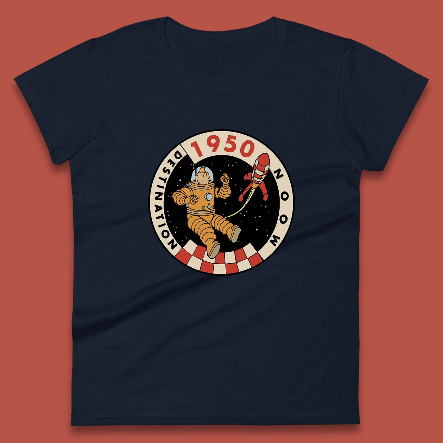 Destination Moon 1950 Astronaut Tintin The Lunar Rocket Retro Comic Space Adventure Womens Tee Top