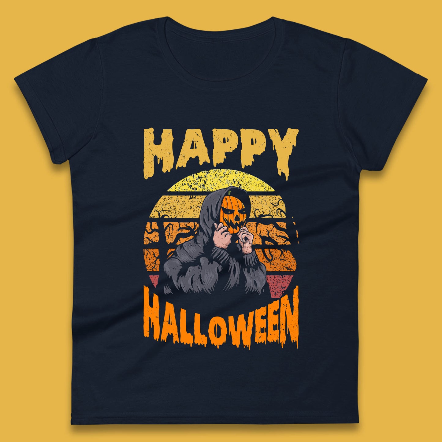 Happy Halloween Jack O Lantern Pumpkin Head Horror Scary Vintage Retro Halloween Womens Tee Top