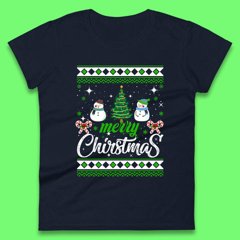 Merry Christmas Snowman Christmas Tree Xmas Winter Holiday Womens Tee Top