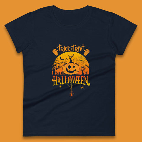 Trick Or Treat Halloween Pumpkin Haunted Trees Scary Spooky Season Womens Tee Top