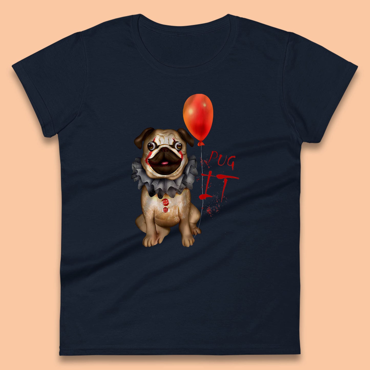 Pug IT Pennywise Clown Dog Spoof Halloween Pug Dog Costume Horror Movie Serial Killer Womens Tee Top