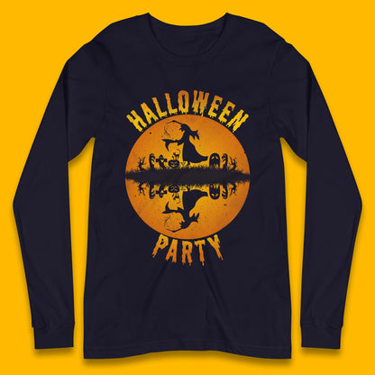Halloween Party Flying Witch Horror Scary Spooky Season Scary Boo With Full Moon Long Sleeve T Shirt