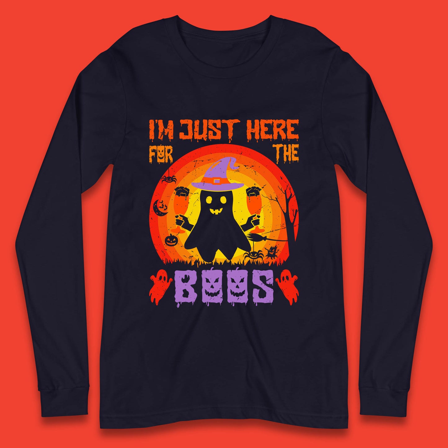 I'm Just Here For The Boos Halloween Boo Ghost Witch Hat Horror Scary Long Sleeve T Shirt
