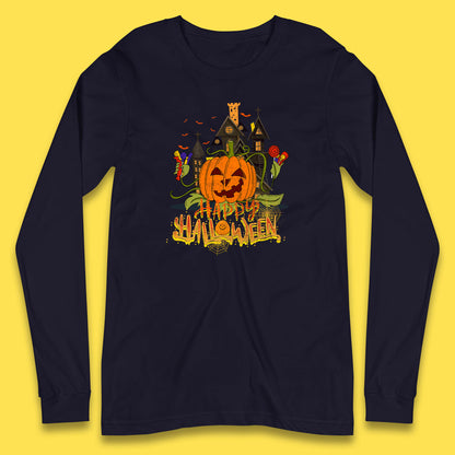Happy Halloween Spooky Haunted House Halloween Pumpkin Horror Scary Jack-o-lantern Long Sleeve T Shirt