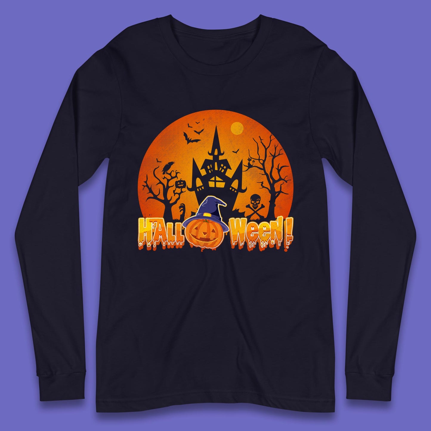 Halloween Pumpkin Witch Hat Haunted Castle Flying Bats Skull Bones Scary Dark Night Long Sleeve T Shirt