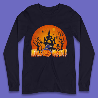 Halloween Pumpkin Witch Hat Haunted Castle Flying Bats Skull Bones Scary Dark Night Long Sleeve T Shirt