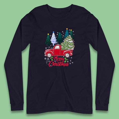 Merry Christmas Red Retro Truck With Christmas Tree Xmas Winter Holidays Decor Long Sleeve T Shirt