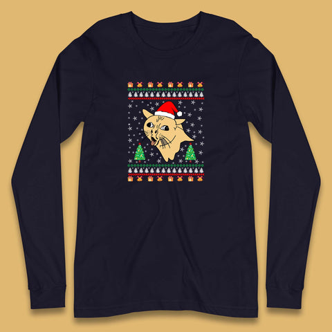 Coughing Cat Meme Ugly Christmas Funny Xmas Cat Coughing & Tongue Out Long Sleeve T Shirt
