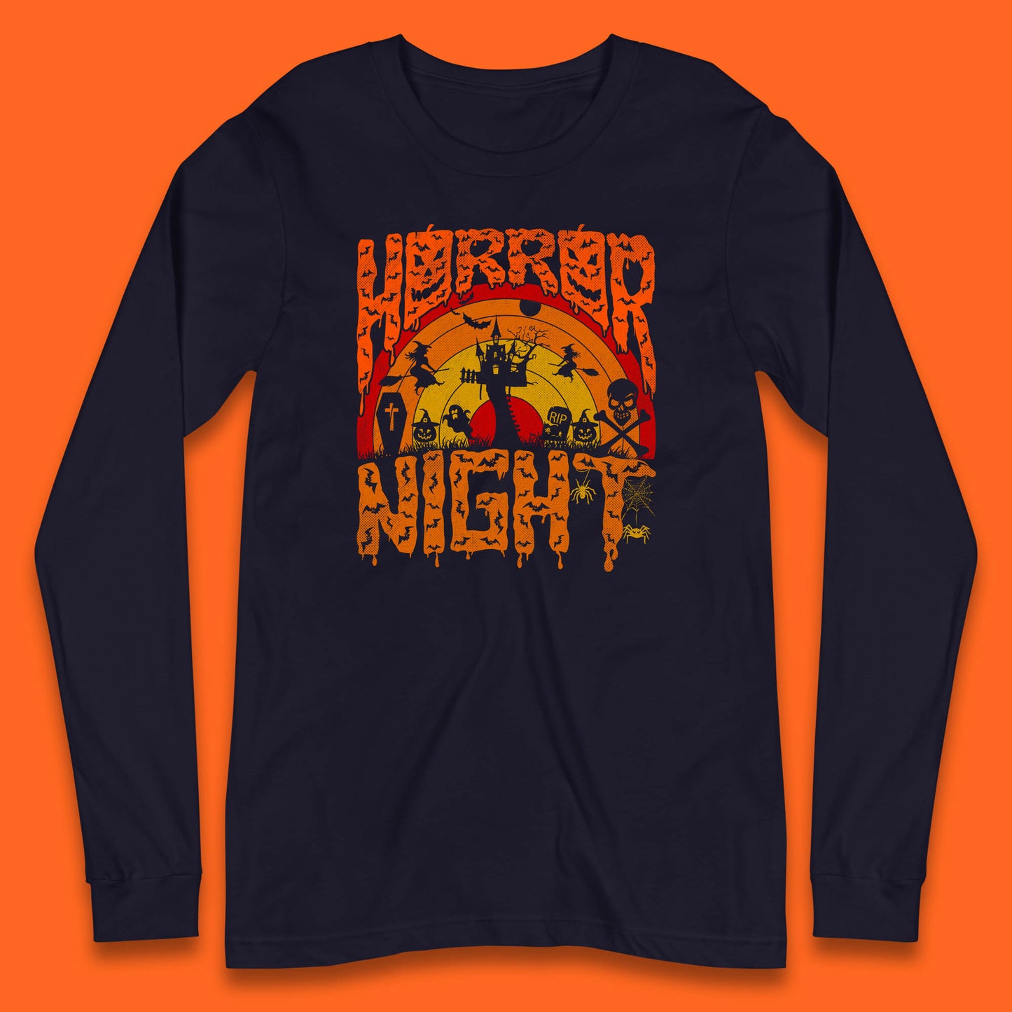 Halloween Horror Night Vintage Rainbow Flying witches Scary Boo Spooky Festive Night Long Sleeve T Shirt
