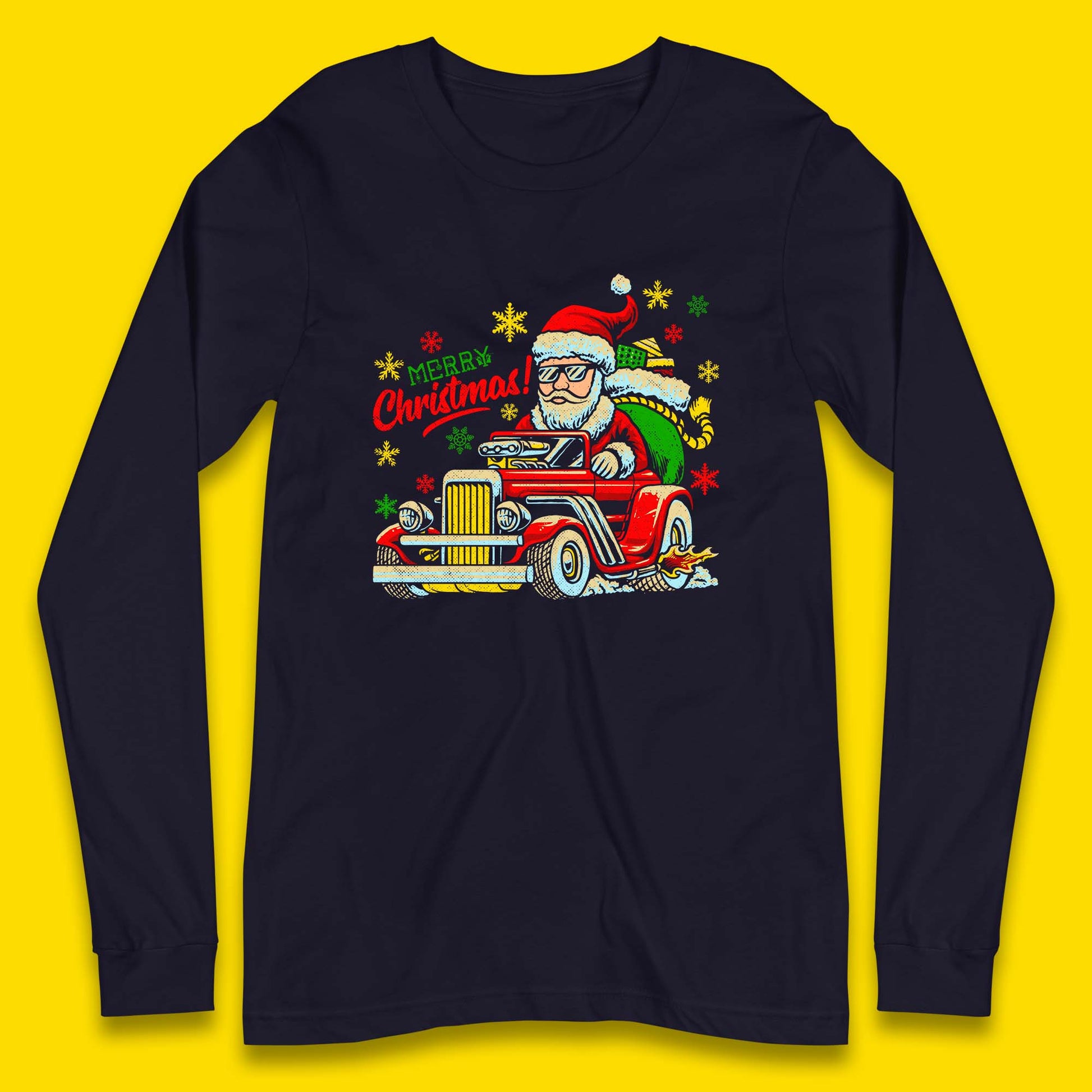 santa drives a hot rod car long sleeve t shirt