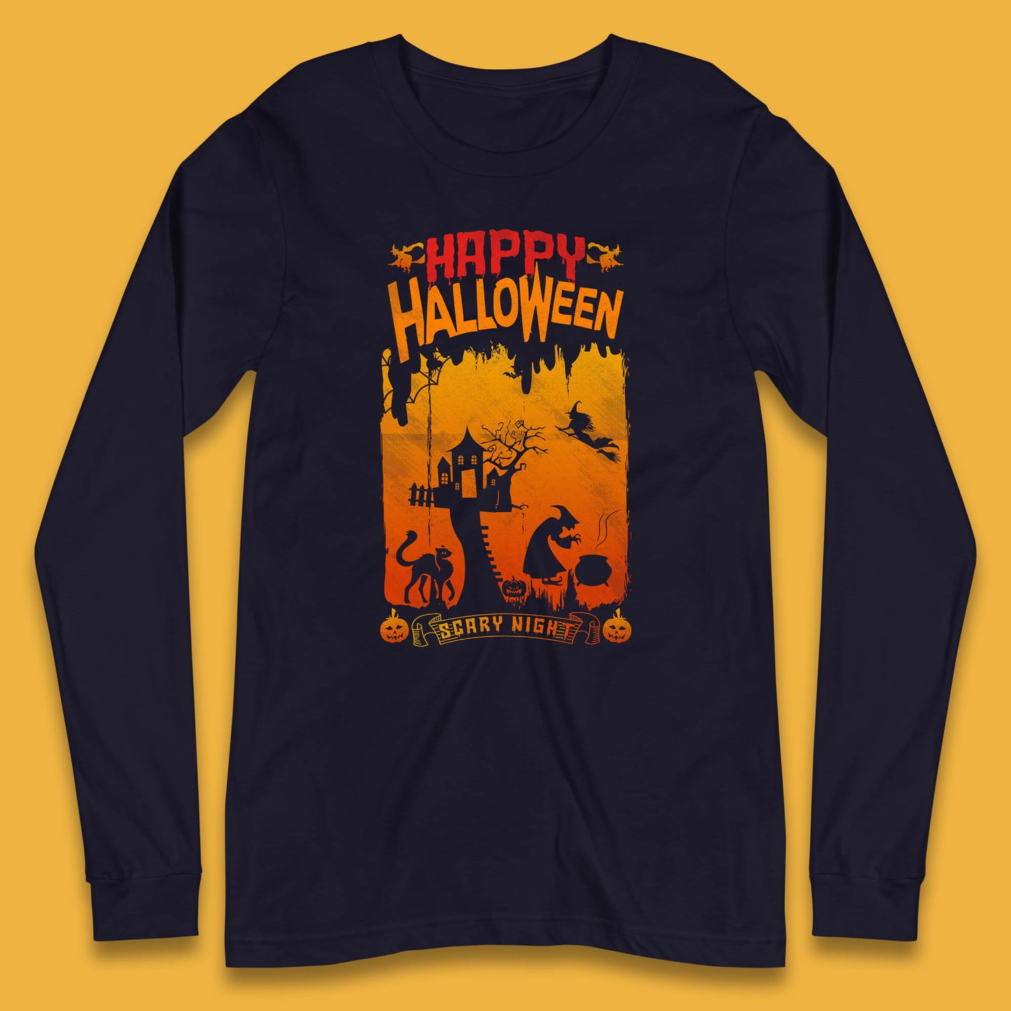 Happy Halloween Horror Hunted House Flying Witch Scary Spooky Night Long Sleeve T Shirt