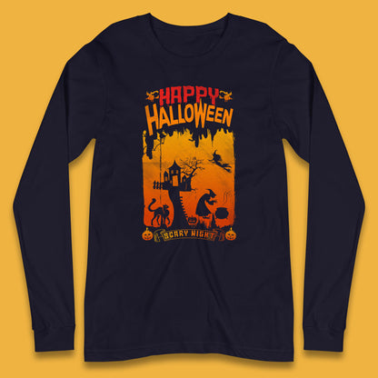 Happy Halloween Horror Hunted House Flying Witch Scary Spooky Night Long Sleeve T Shirt