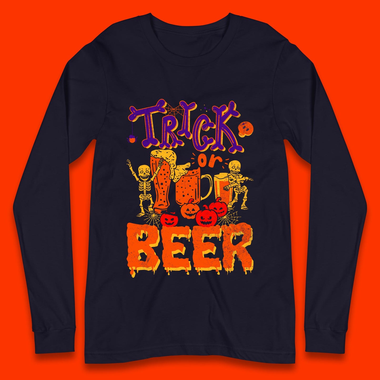 Trick Or Beer Halloween Drinking Beer Lover Dancing Skeleton Drinker Halloween Party Long Sleeve T Shirt