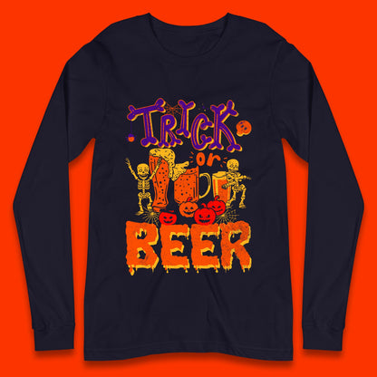 Trick Or Beer Halloween Drinking Beer Lover Dancing Skeleton Drinker Halloween Party Long Sleeve T Shirt