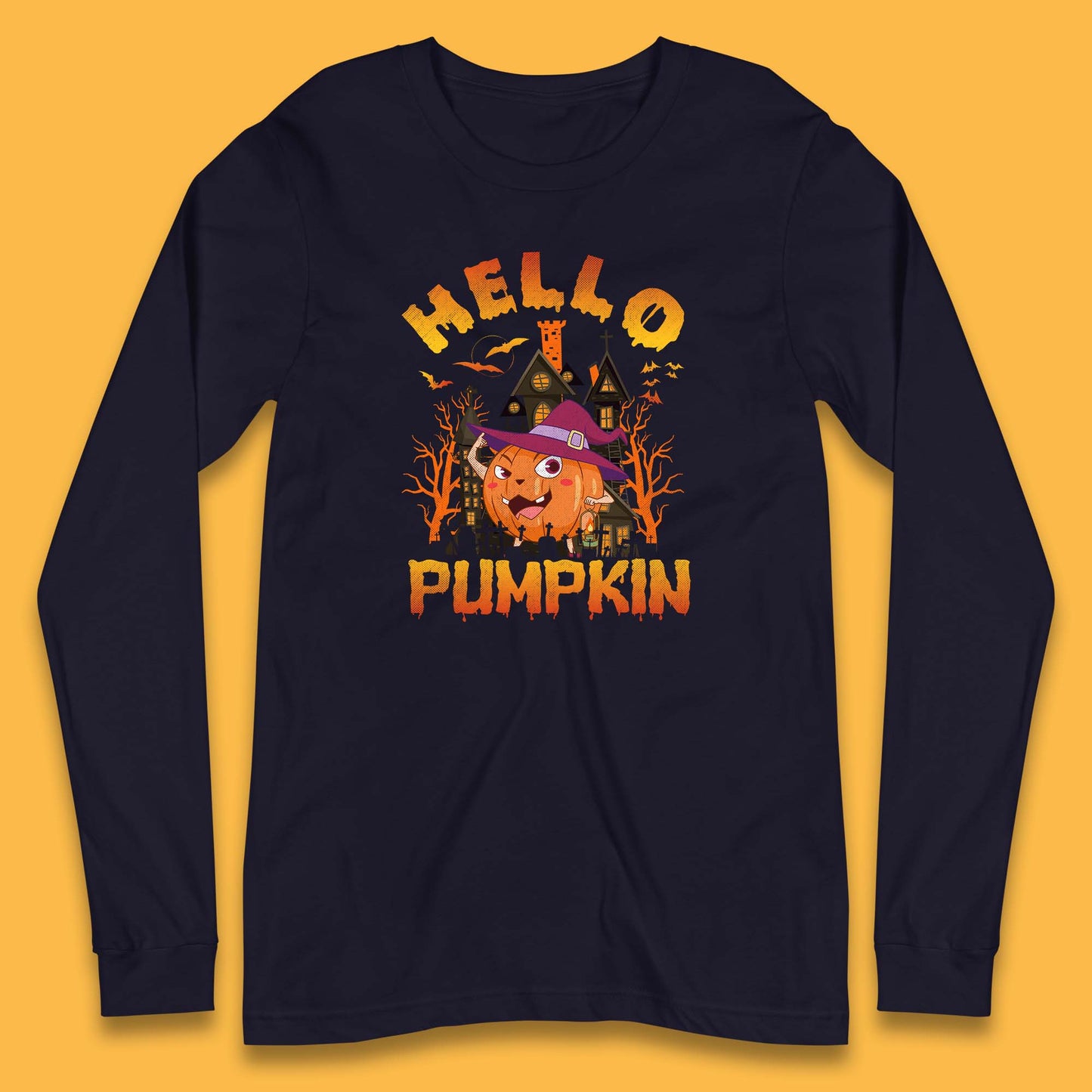 Hello Pumpkin Cartoon Halloween Pumpkin With Witch Hat Devil Smile Haunted Castle Long Sleeve T Shirt