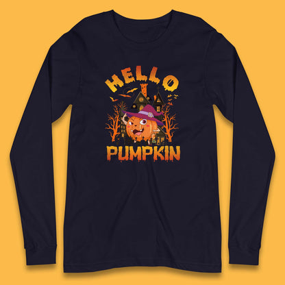 Hello Pumpkin Cartoon Halloween Pumpkin With Witch Hat Devil Smile Haunted Castle Long Sleeve T Shirt