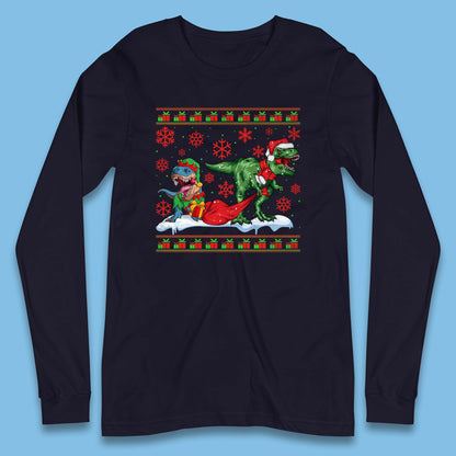 Christmas T-rex Dinosaur Wearing Santa & Elf Costume Long Sleeve T Shirt