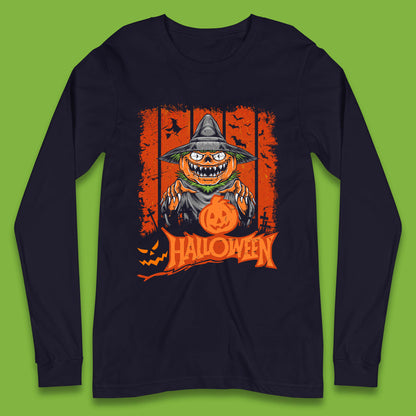 Halloween Pumpkin Head Scarecrow Jack O Lantern Pumpkin Head Horror Scary Vintage Retro Long Sleeve T Shirt