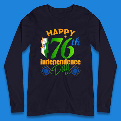 Happy India 76th Independence Day 15th August Patriotic Indian Flag Long Sleeve T Shirt