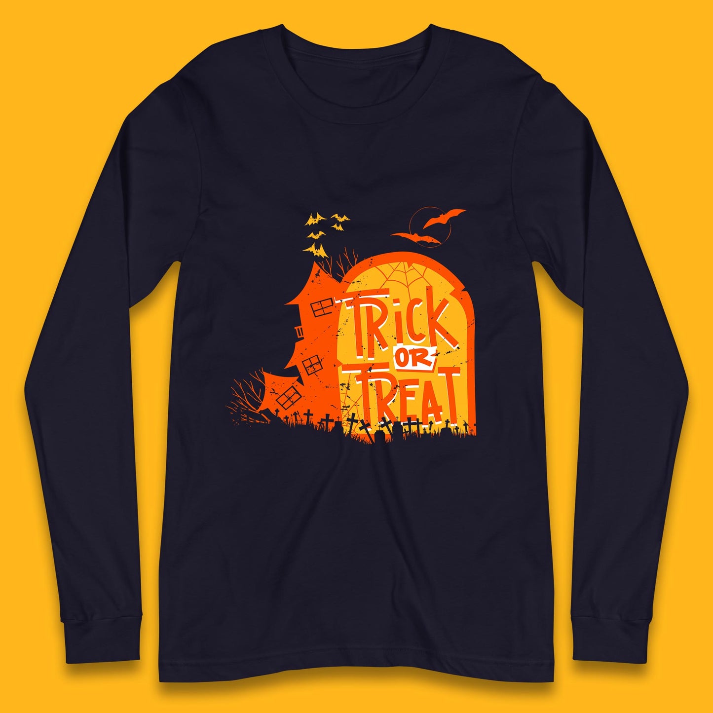 Trick Or Treat Halloween Terrific Abandoned Haunted House Flying Bats Long Sleeve T Shirt