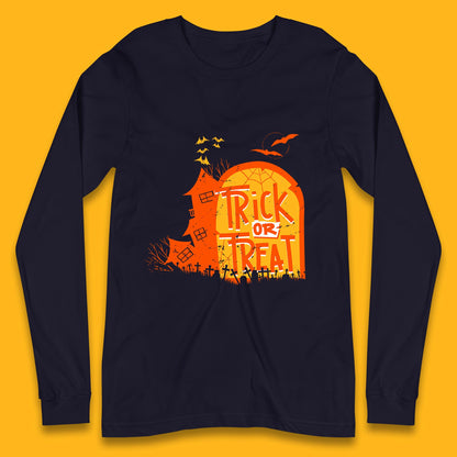 Trick Or Treat Halloween Terrific Abandoned Haunted House Flying Bats Long Sleeve T Shirt