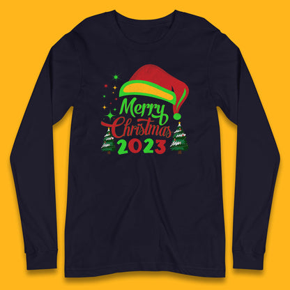 Merry Christmas 2023 Elf Hat Christmas Trees Xmas Gift Long Sleeve T Shirt