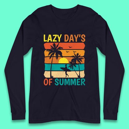 Lazy Days Of Summer Vintage Retro Sunset Surfer Beach Palm Trees Long Sleeve T Shirt