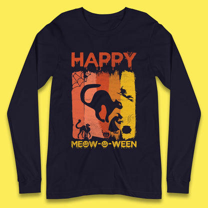 Happy Meow-O-ween Funny Halloween Black Cat Scary Spooky Long Sleeve T Shirt