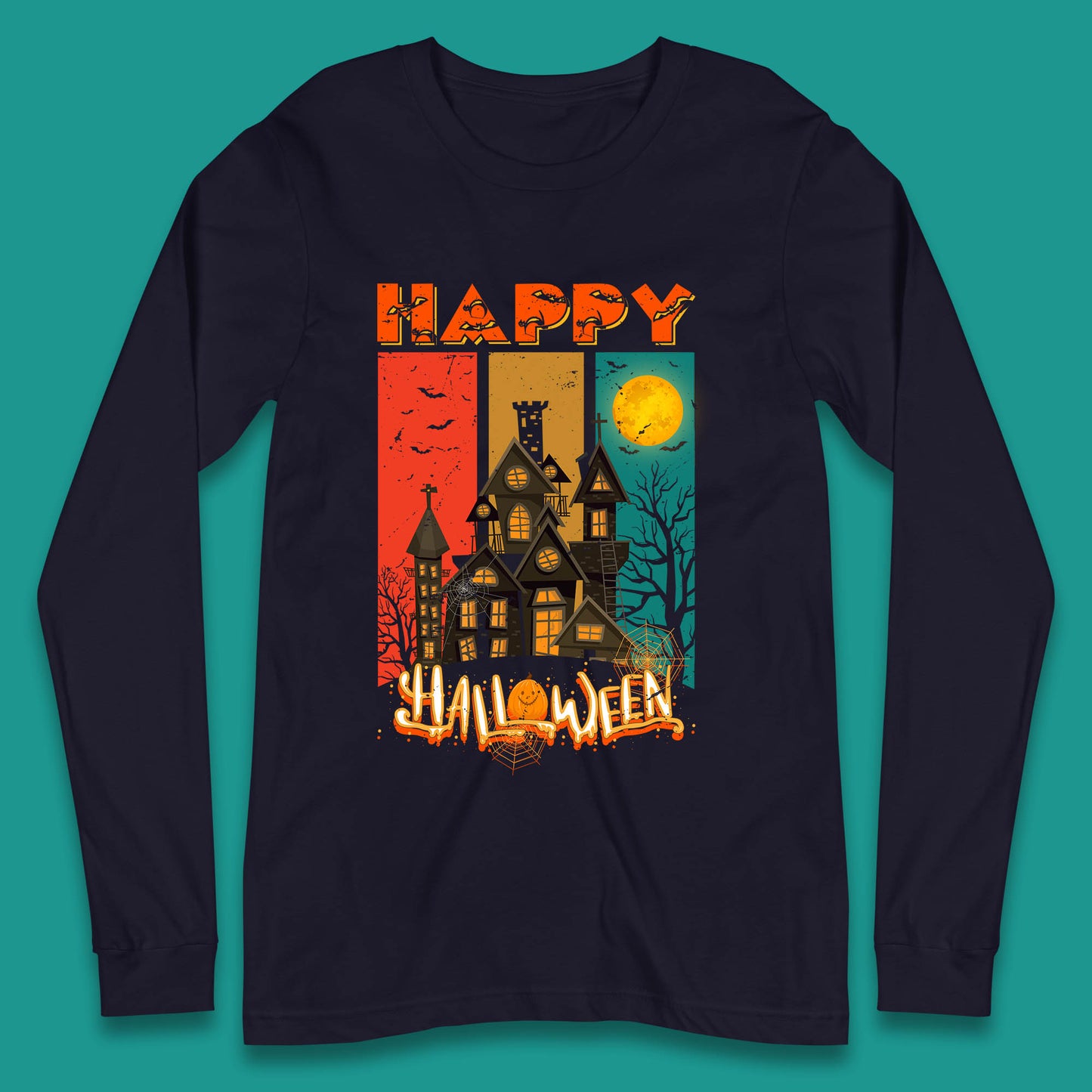 Happy Halloween Vintage Style Horror Scary Haunted House Long Sleeve T Shirt