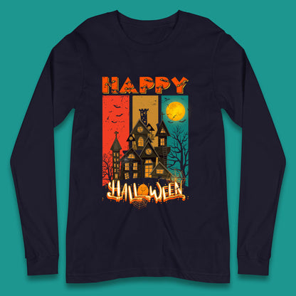 Happy Halloween Vintage Style Horror Scary Haunted House Long Sleeve T Shirt