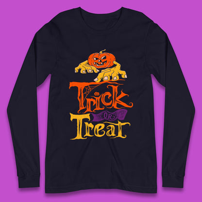 Halloween Trick Or Treat Horror Scary Evil Pumpkin With Zombie Hands Long Sleeve T Shirt