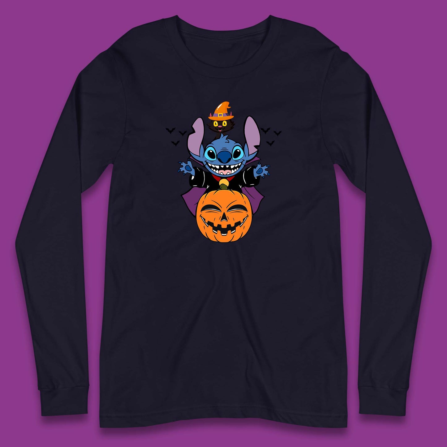 Disney Halloween Pumpkin Devil Stitch With Black Cat Horror Scary Disney Lilo & Stitch Long Sleeve T Shirt