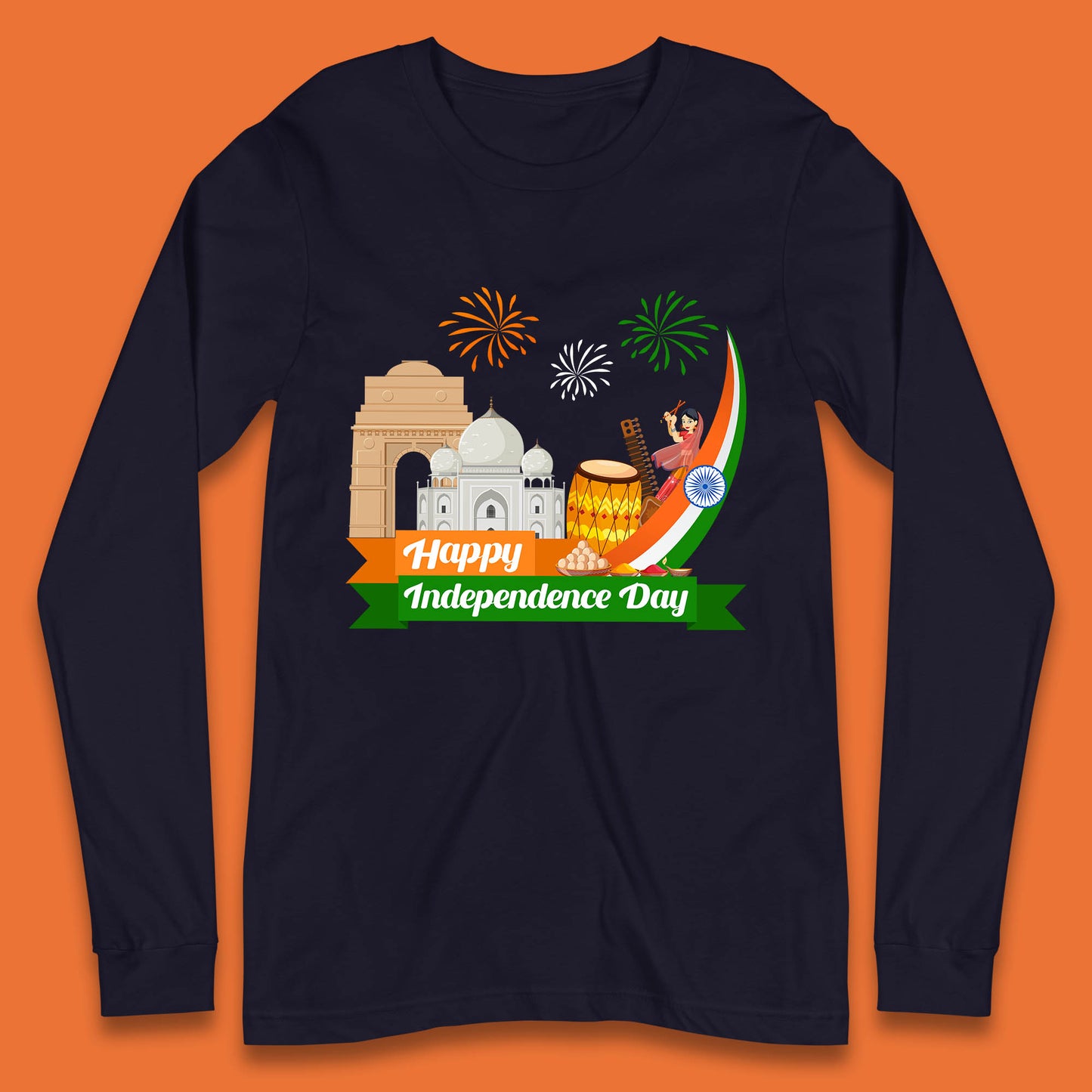Happy India Independence Day 15th August Patriotic Indian Flag India Architectural Landmarks Long Sleeve T Shirt