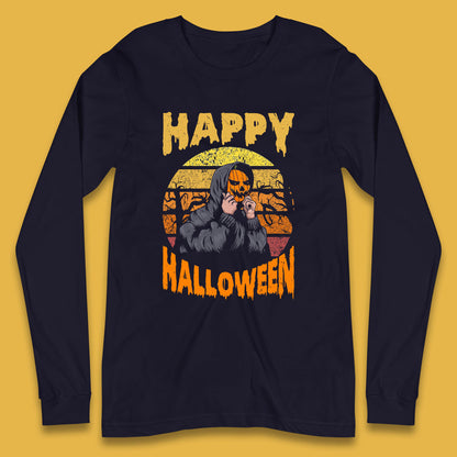 Happy Halloween Jack O Lantern Pumpkin Head Horror Scary Vintage Retro Halloween Long Sleeve T Shirt